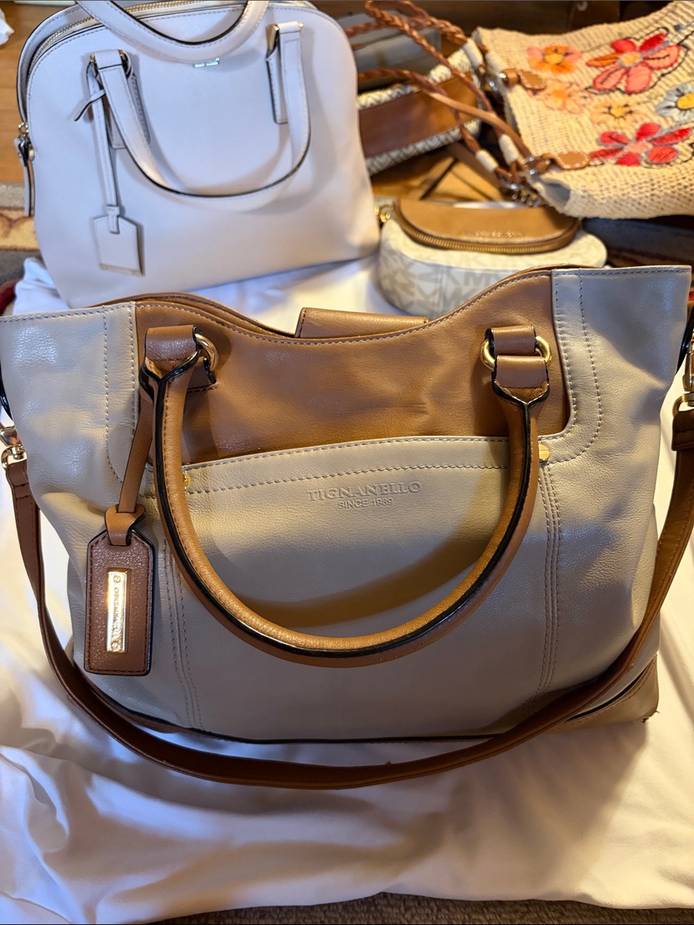 Tignanello Cream and Tan Leather Shoulder Tote